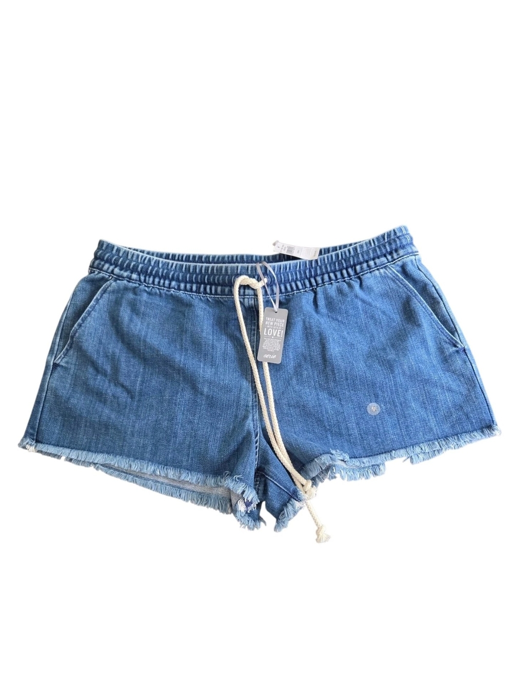 Aerie Fringe Fray Denim Chambray Pullon Drawstring Shorts Size M Womens